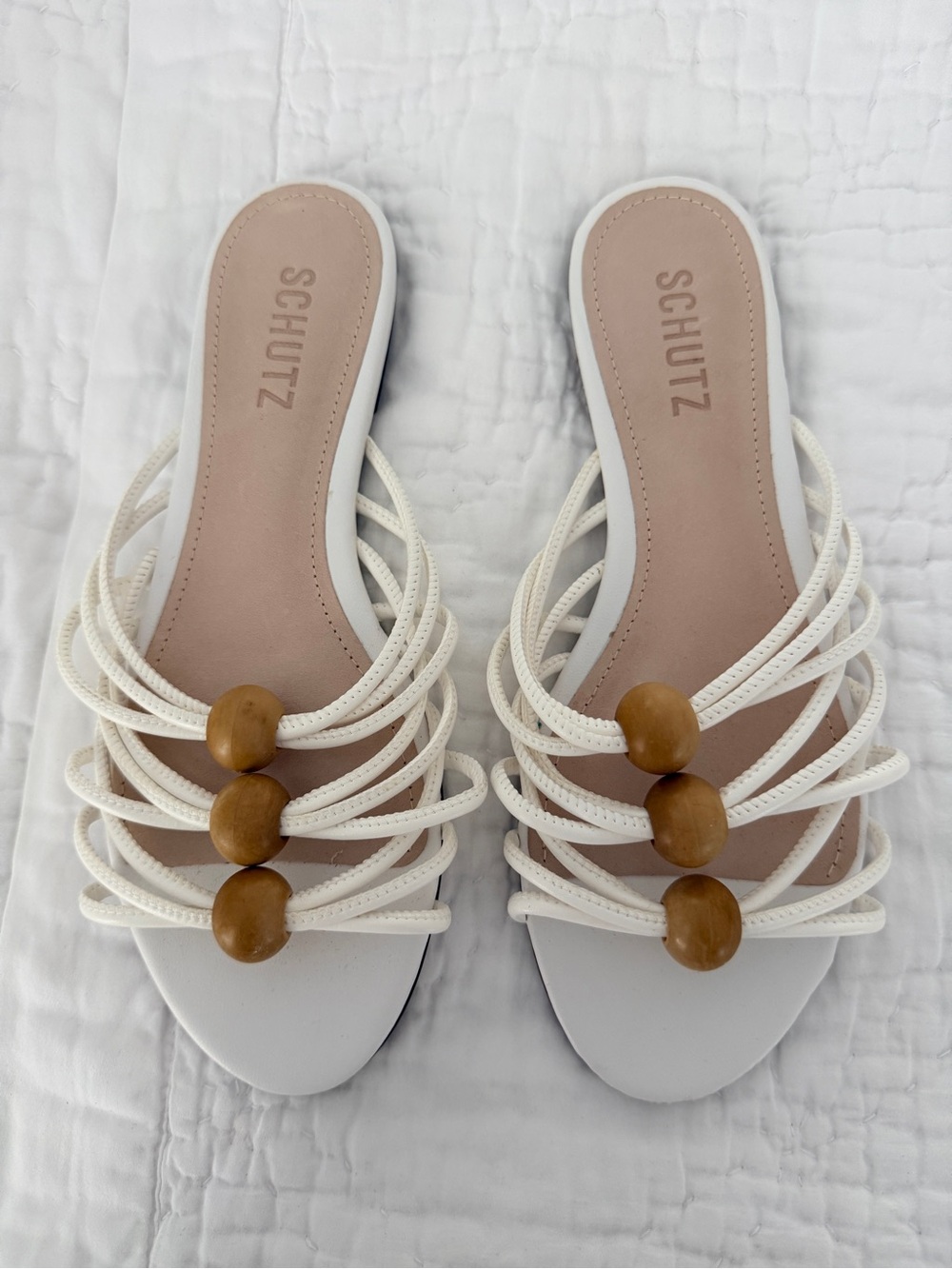 NWT SCHUTZ White Multi-Strap Slide Sandals with Wood Bead Detail